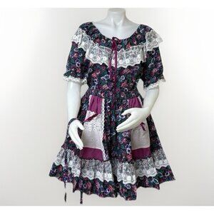 Vtg Square Dance Outfit Womens M Skirt Blouse Plum Floral Patchwork Ruffle Lace